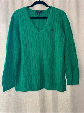 Chaps Women's Bright Green Cable-Knit V-Neck Preppy Classic Sweater Size 3X Plus